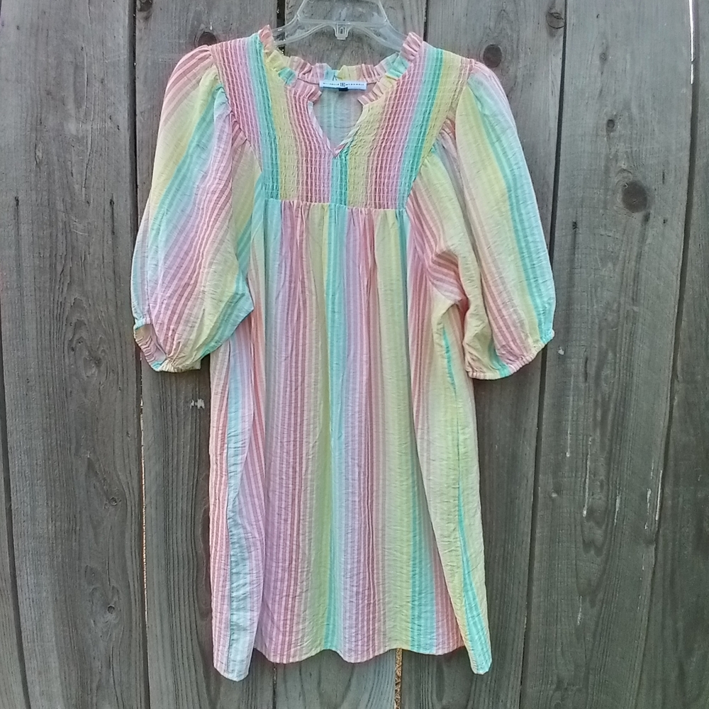 Michelle McDowell Dress Women M Pastel Striped Tunic Pullover V Neck Puff Sleeve